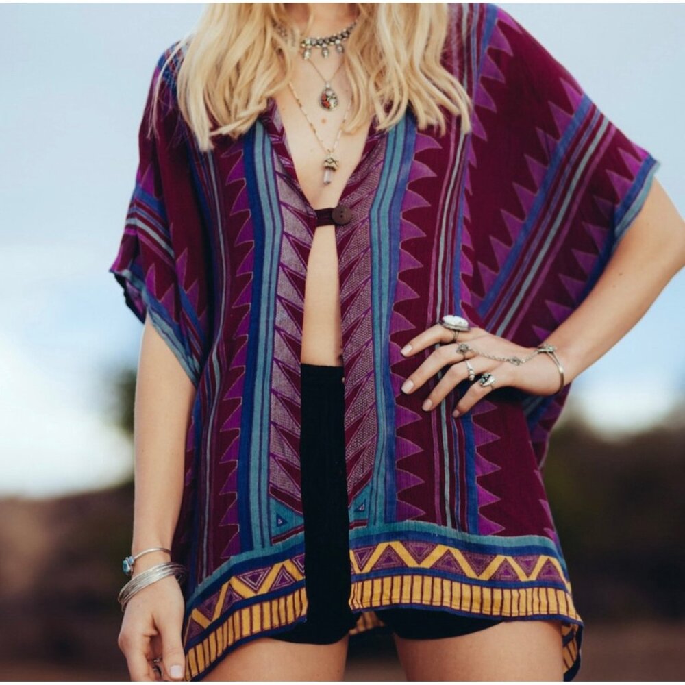 Raga Oversized Hooded Sleeveless Cover Up Woven Multicolor Tribal Print XS